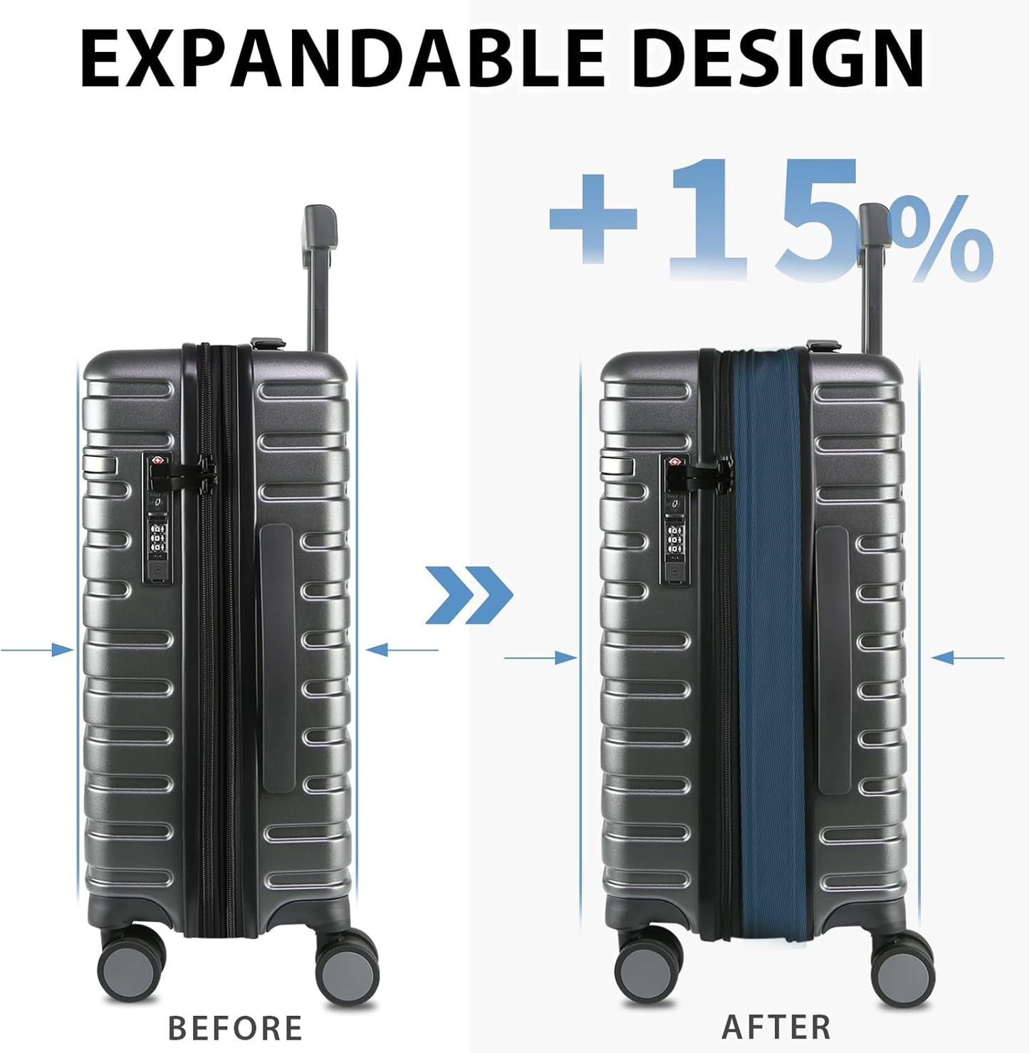 Expandable hard-shell suitcase with spinner wheels and TSA lock