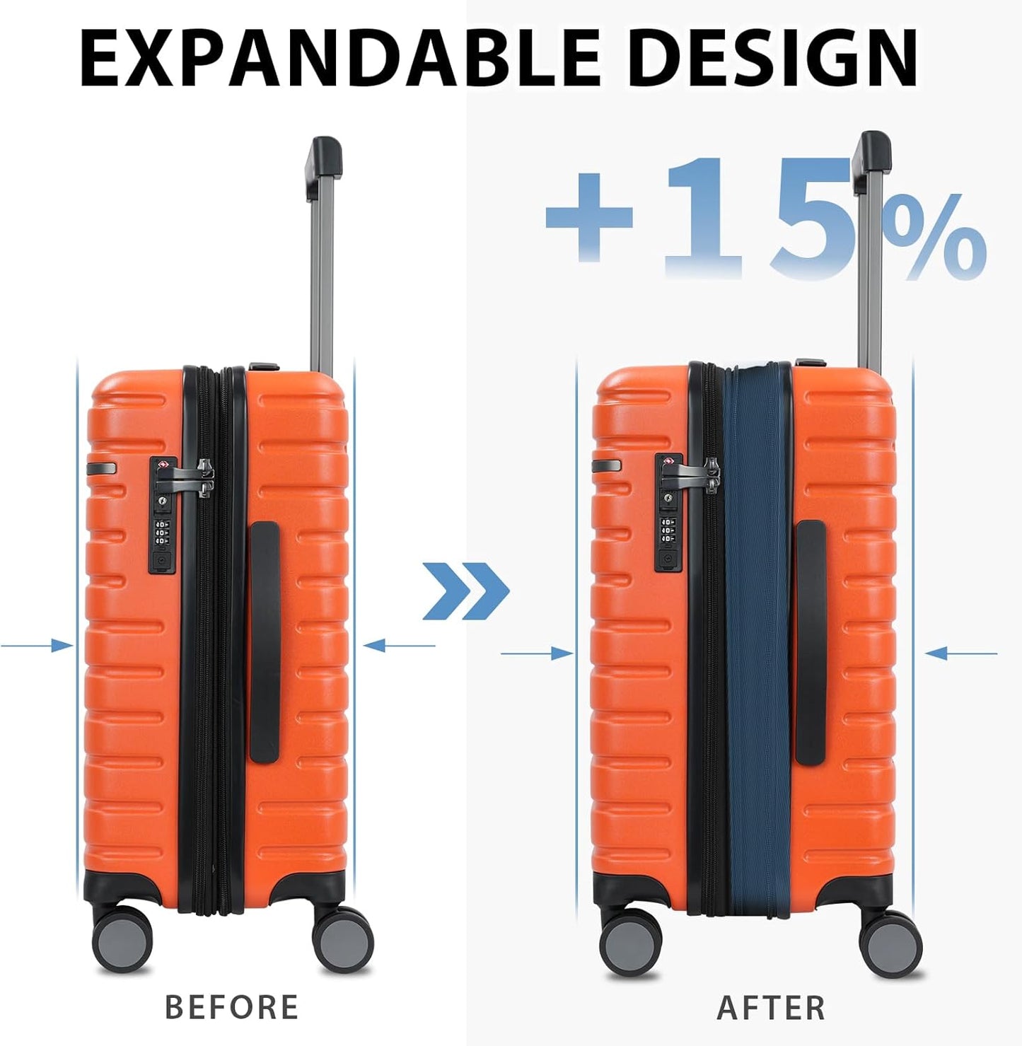 Expandable hard-shell suitcase with spinner wheels and TSA lock