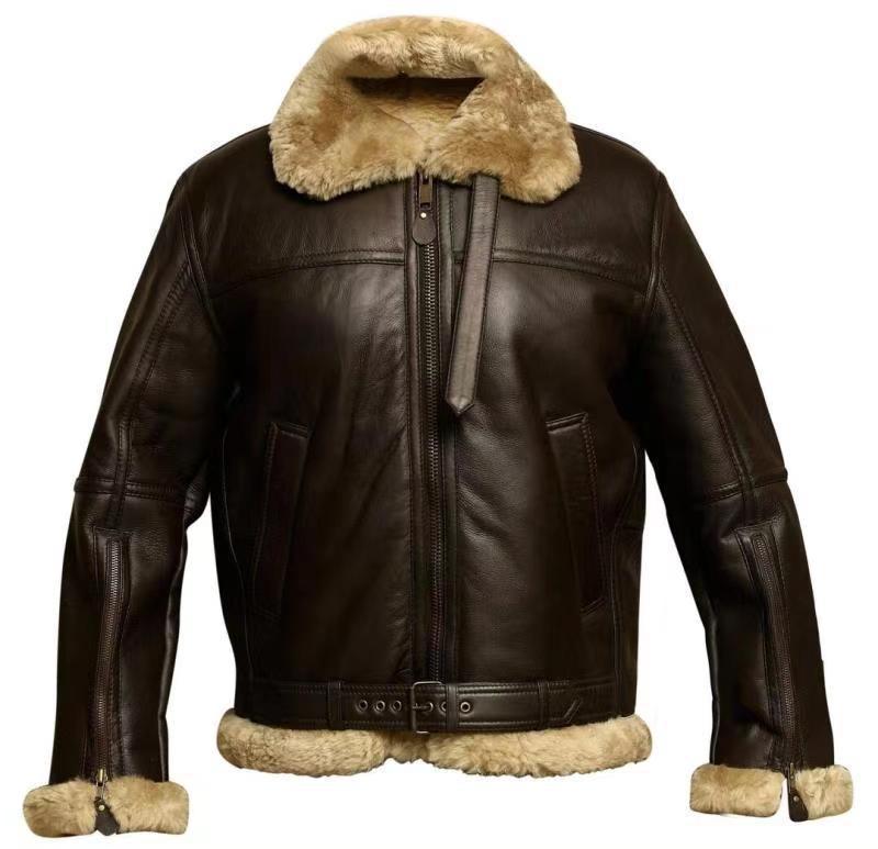 Front view of the dark brown leather jacket on a plain background, with fluffy collar, belted hem and zipped cuffs 6