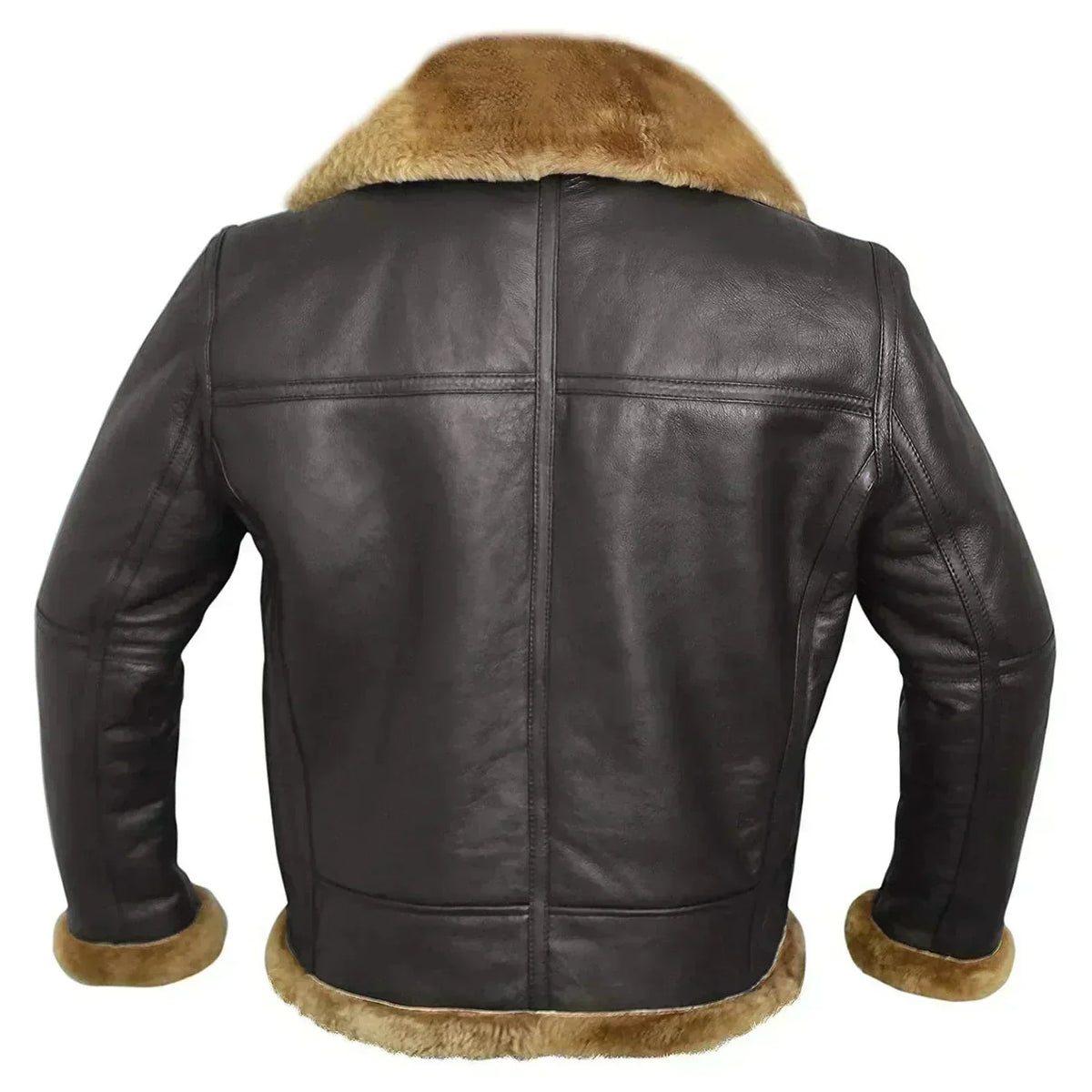 Back view of the dark brown leather jacket, showing centre seam, panelled yoke and shearling collar, hem and cuffs 7