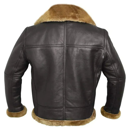 Back view of the dark brown leather jacket, showing centre seam, panelled yoke and shearling collar, hem and cuffs 7