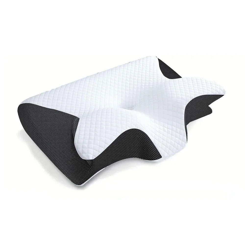 Contoured butterfly-shaped pillow with white quilted top and black mesh sides, shown on a plain white background 1