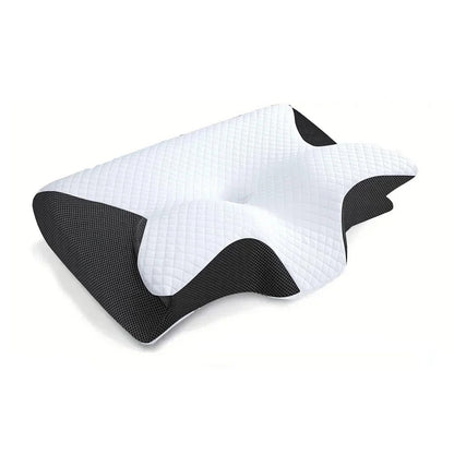 Contoured butterfly-shaped pillow with white quilted top and black mesh sides, shown on a plain white background 1