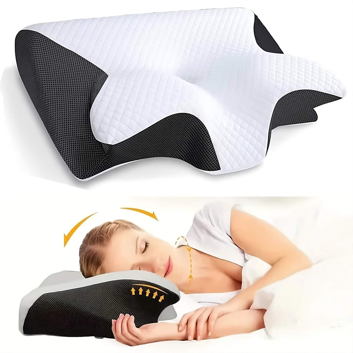 Pillow with black mesh sides above a woman sleeping on her side, arrows showing neck movement 2