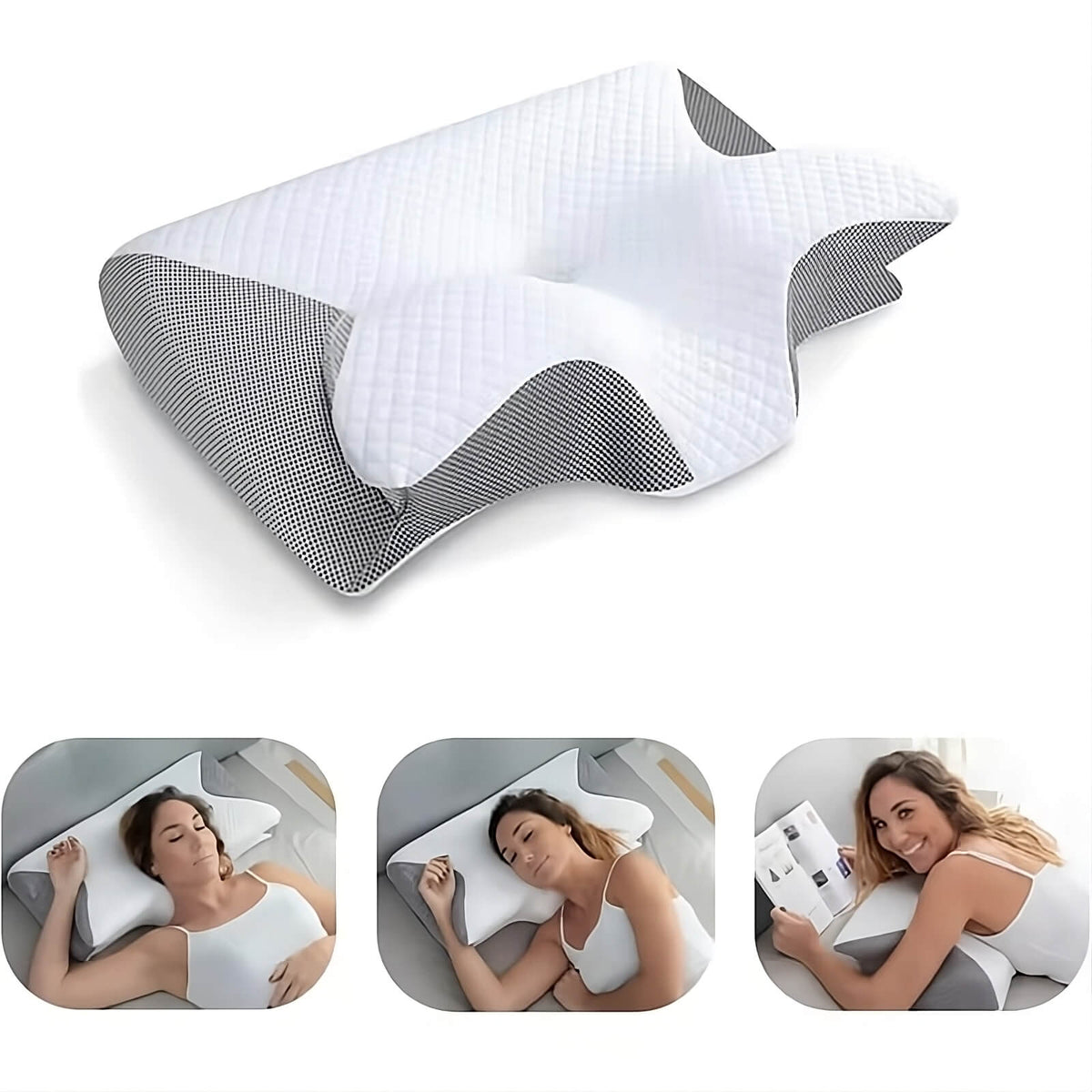 Pillow with white quilted top and grey mesh sides, above three small photos of back, side and front sleeping 3
