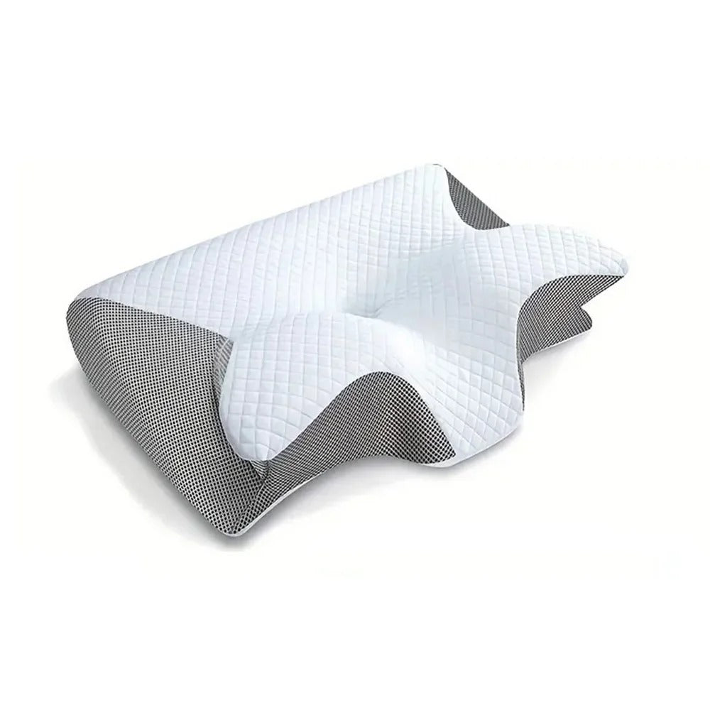 Contoured pillow with white quilted top and grey mesh sides on a plain white background 5