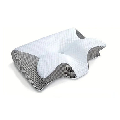 Contoured pillow with white quilted top and grey mesh sides on a plain white background 5