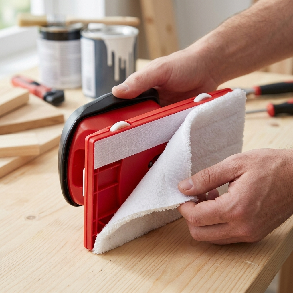 Hands peeling a white fluffy pad off the hook-and-loop base of the red edger, on a wooden workbench with paint tins. 3