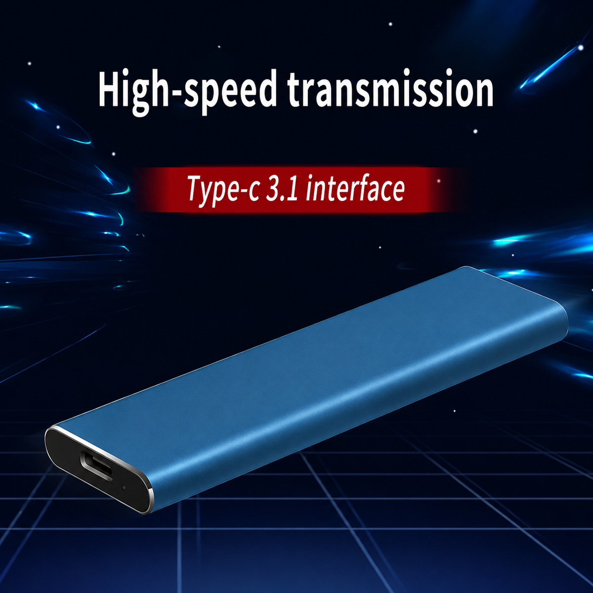 Blue drive floating above a glowing grid on a dark background, showing its USB-C port end 9
