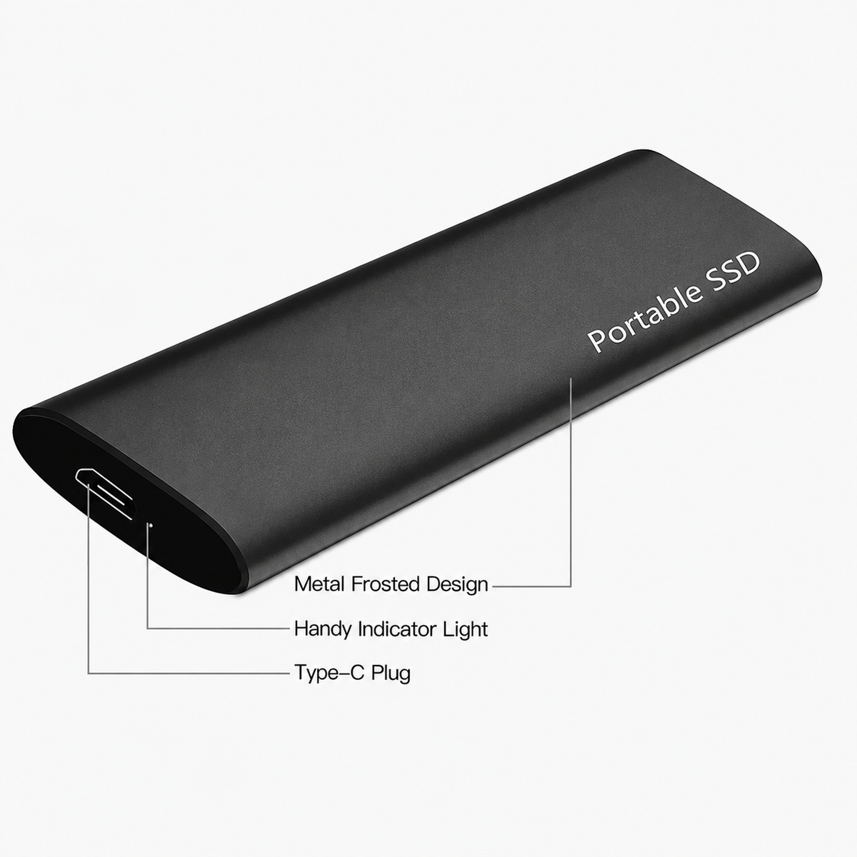 Black drive in close-up with callouts pointing to its frosted metal body, indicator light and USB-C plug 5