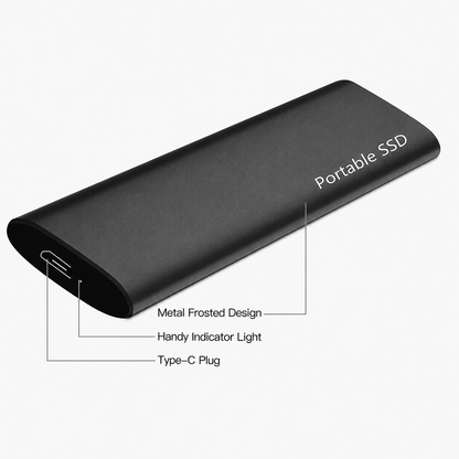 Black drive in close-up with callouts pointing to its frosted metal body, indicator light and USB-C plug 5