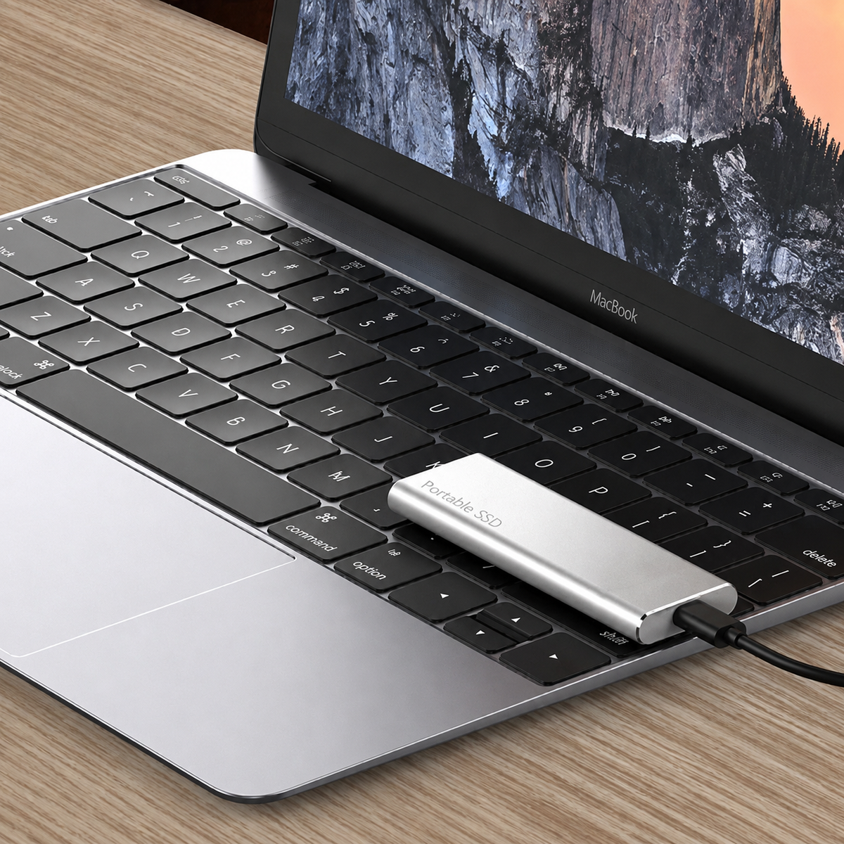 Silver drive resting on a laptop keyboard, connected to the laptop by a black cable 6