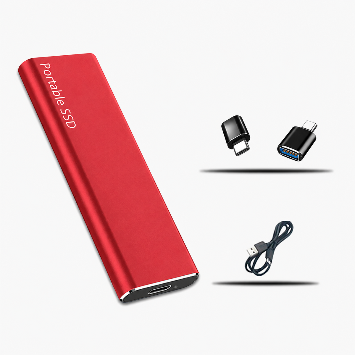 Red slim drive shown with two small black USB-C adapters and a black USB cable 2