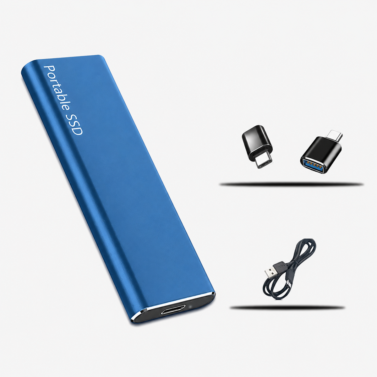 Blue slim drive displayed alongside two black connector adapters and a coiled black USB cable 3