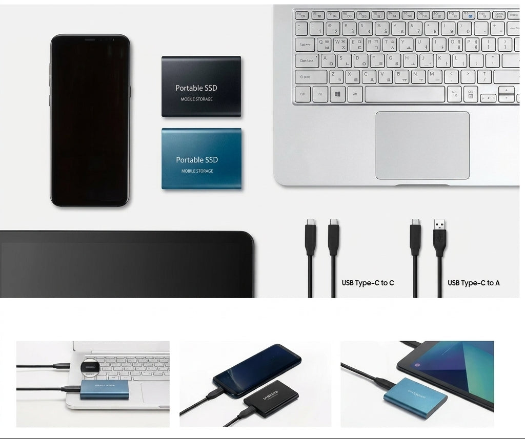 Flat lay of two drives with a phone, laptop, tablet and two USB cables, plus three connection examples 5