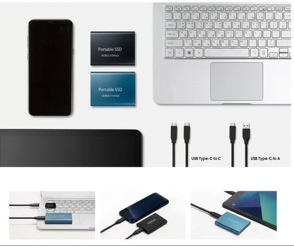 Flat lay of two drives with a phone, laptop, tablet and two USB cables, plus three connection examples 5