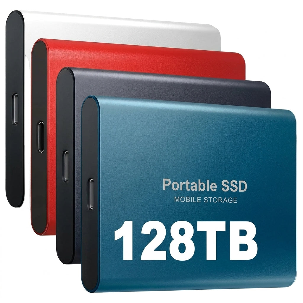 Four slim metal portable drives in silver, red, navy and blue stacked at an angle, showing their USB-C ports on the edge. 1