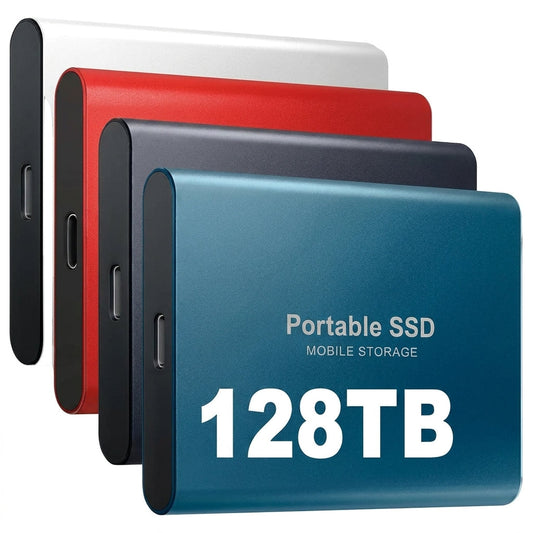 Four slim metal portable drives in silver, red, navy and blue stacked at an angle, showing their USB-C ports on the edge. 1