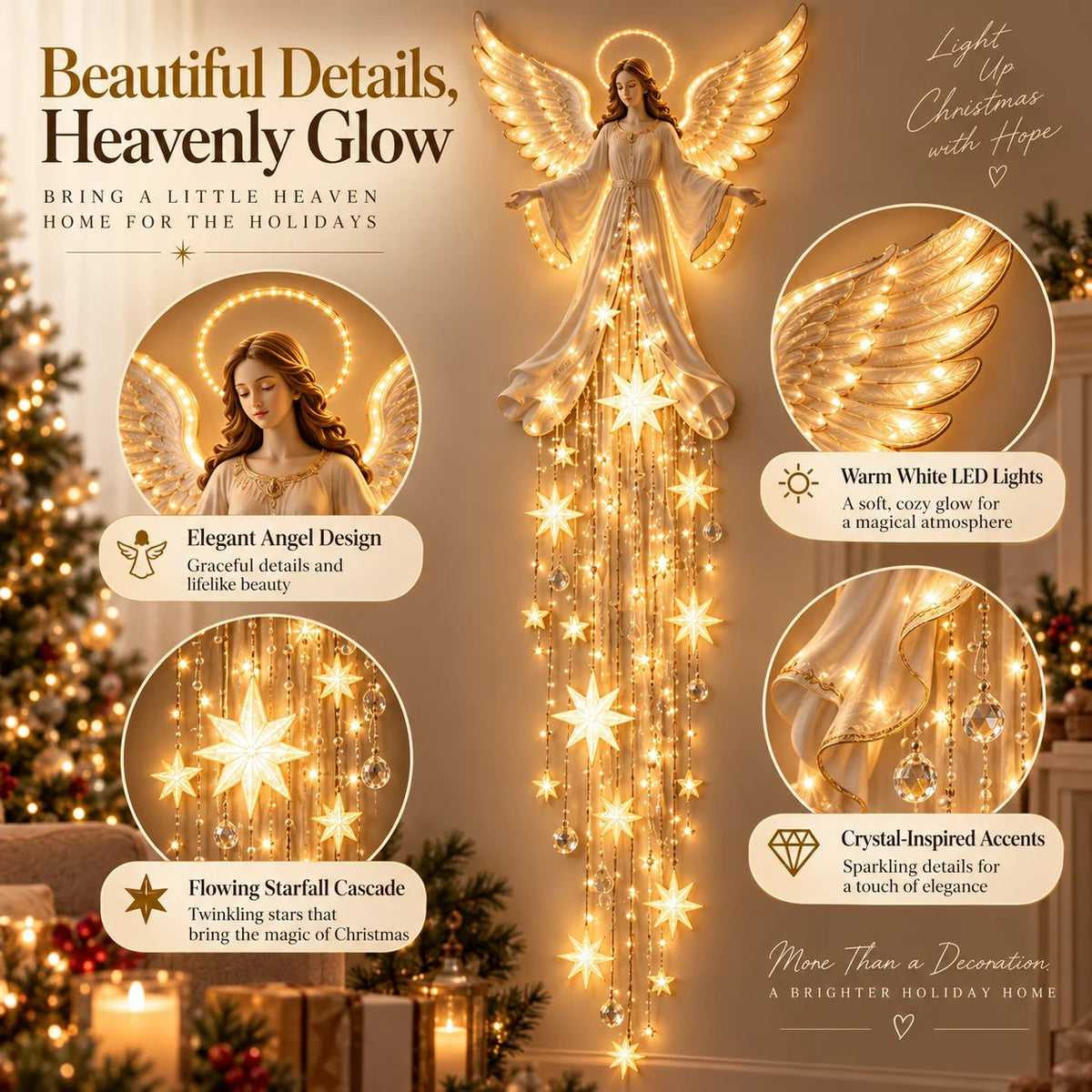 Feature collage with the lit angel in the centre and close-up circles of her face, wings, star cascade and crystal-style drops. 5