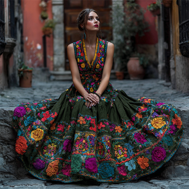 The sleeveless maxi dress in dark olive green, shown on a seated model with multicoloured embroidered flowers on the bodice and skirt. 4