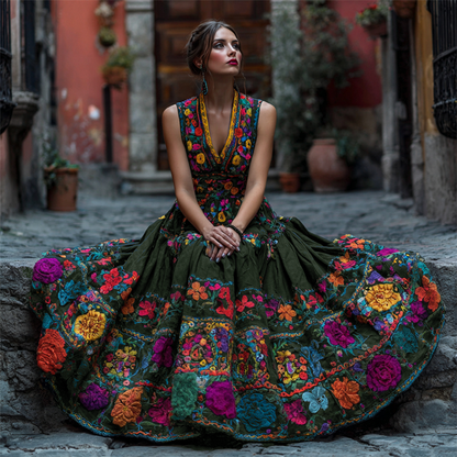 The sleeveless maxi dress in dark olive green, shown on a seated model with multicoloured embroidered flowers on the bodice and skirt. 4