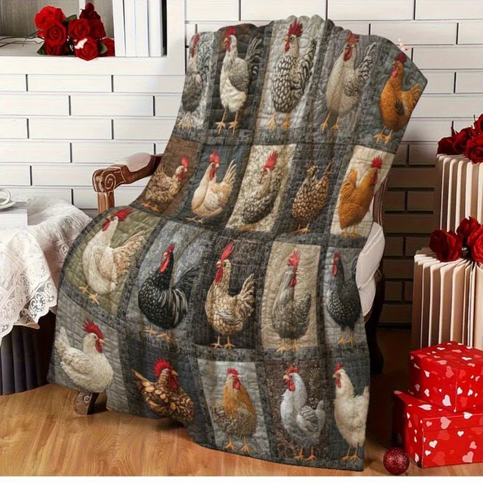 Realistic brown and grey chicken-print blanket draped over a wooden armchair beside red roses 12