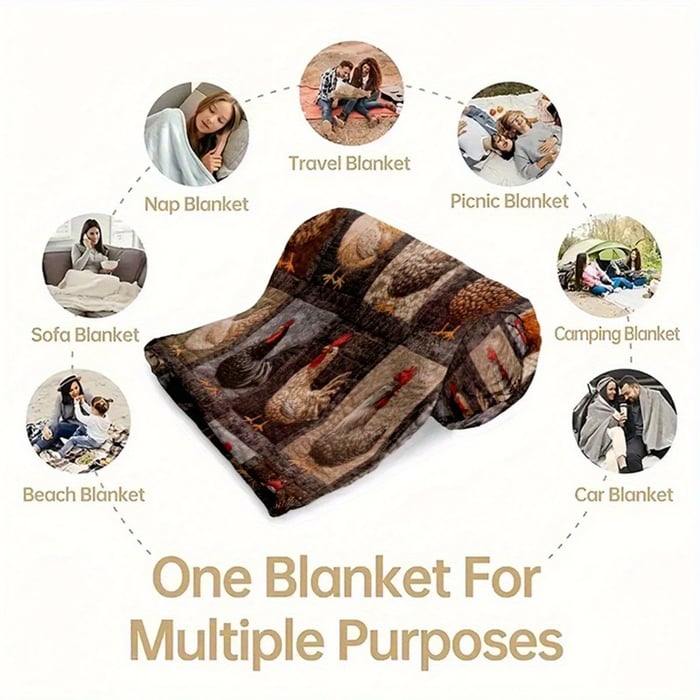 Rolled chicken-print blanket in the centre of a circle of photos showing its many uses 11