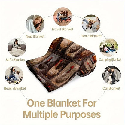 Rolled chicken-print blanket in the centre of a circle of photos showing its many uses 11