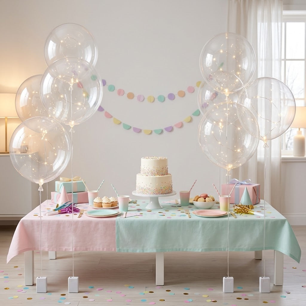 Lit clear balloons beside a pastel birthday table with a two-tier cake and confetti 7