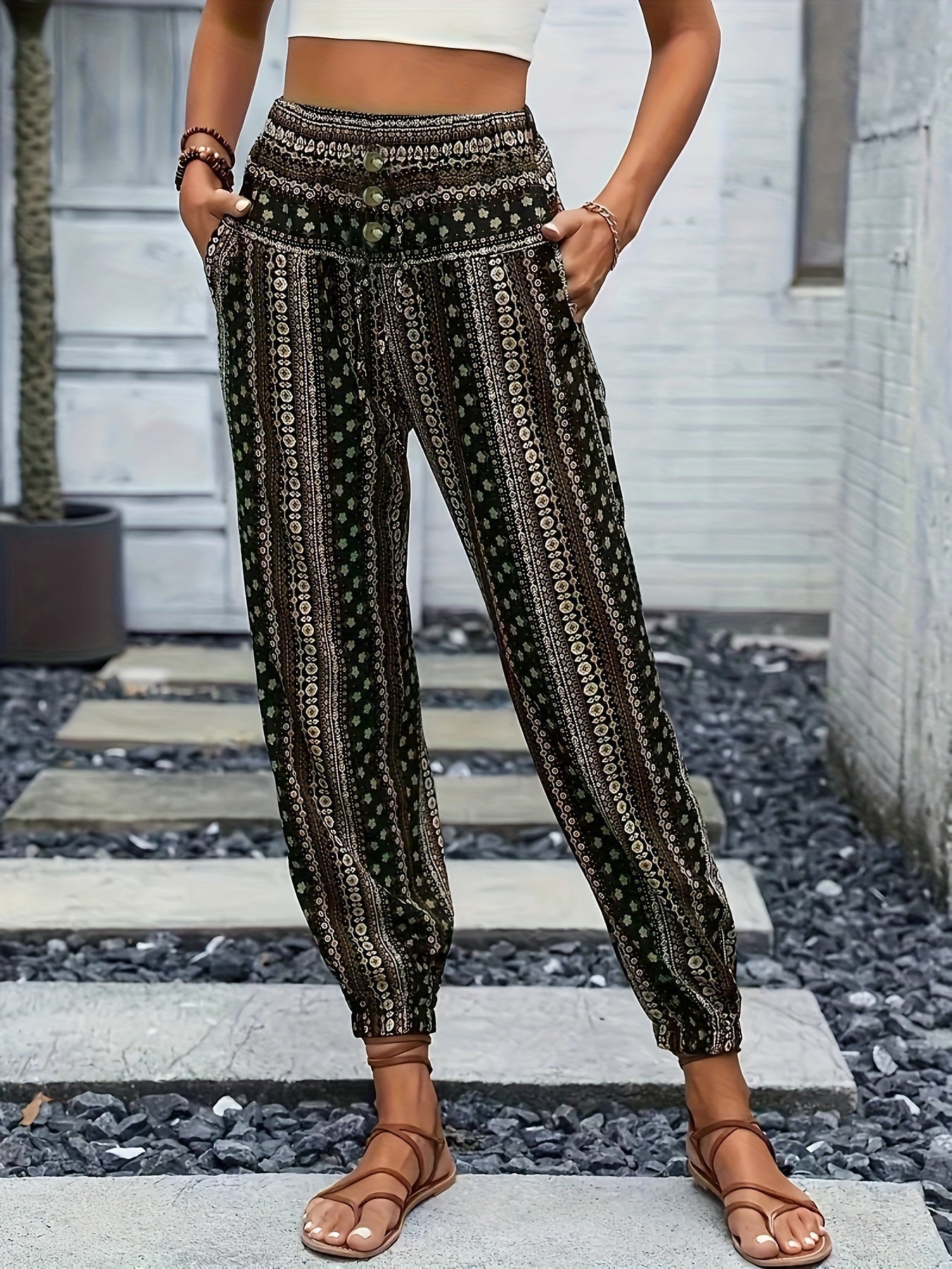 Boho High-Waist Women's Trousers with Print & Smocked Waistband – Linara