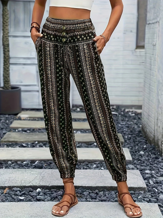 Boho High-Waist Women's Trousers with Print & Smocked Waistband – Linara