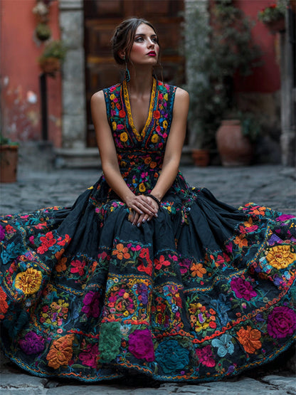 Model seated on cobbles in a black sleeveless maxi dress with a deep V-neck and colourful embroidered flowers across the bodice and full skirt. 1
