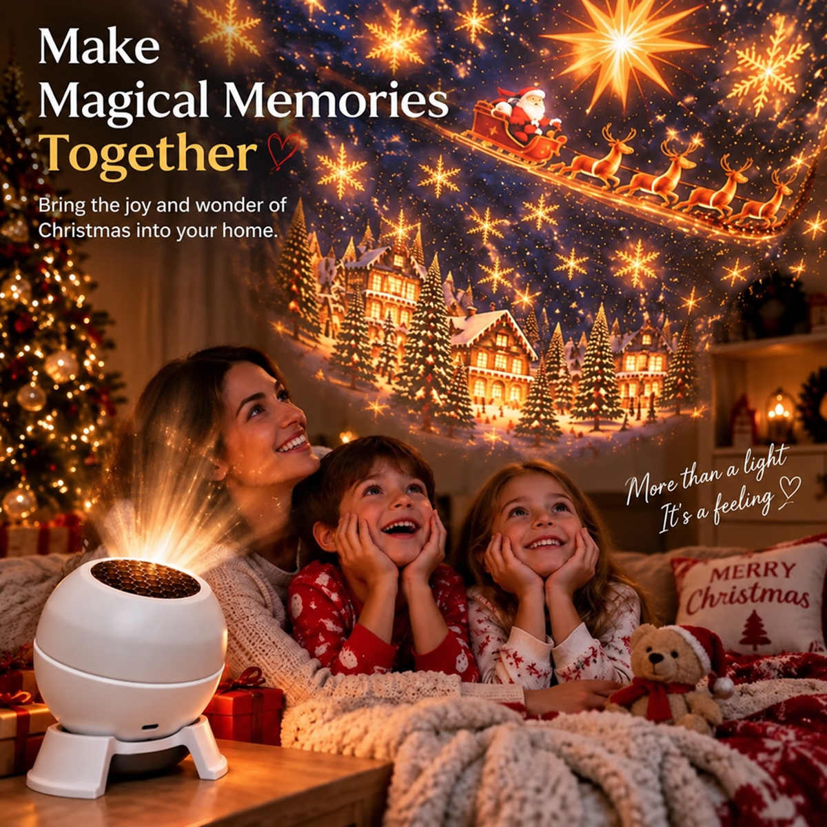 Smiling mother and two children in Christmas pyjamas gaze up at a projected Santa and village scene beside the white projector. 6