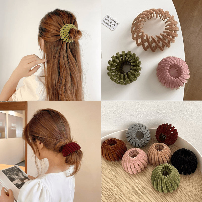 Four-panel collage: flocked spiral clips worn in half-up and low buns, plus clips in several colours on a white table and wooden tray. 11