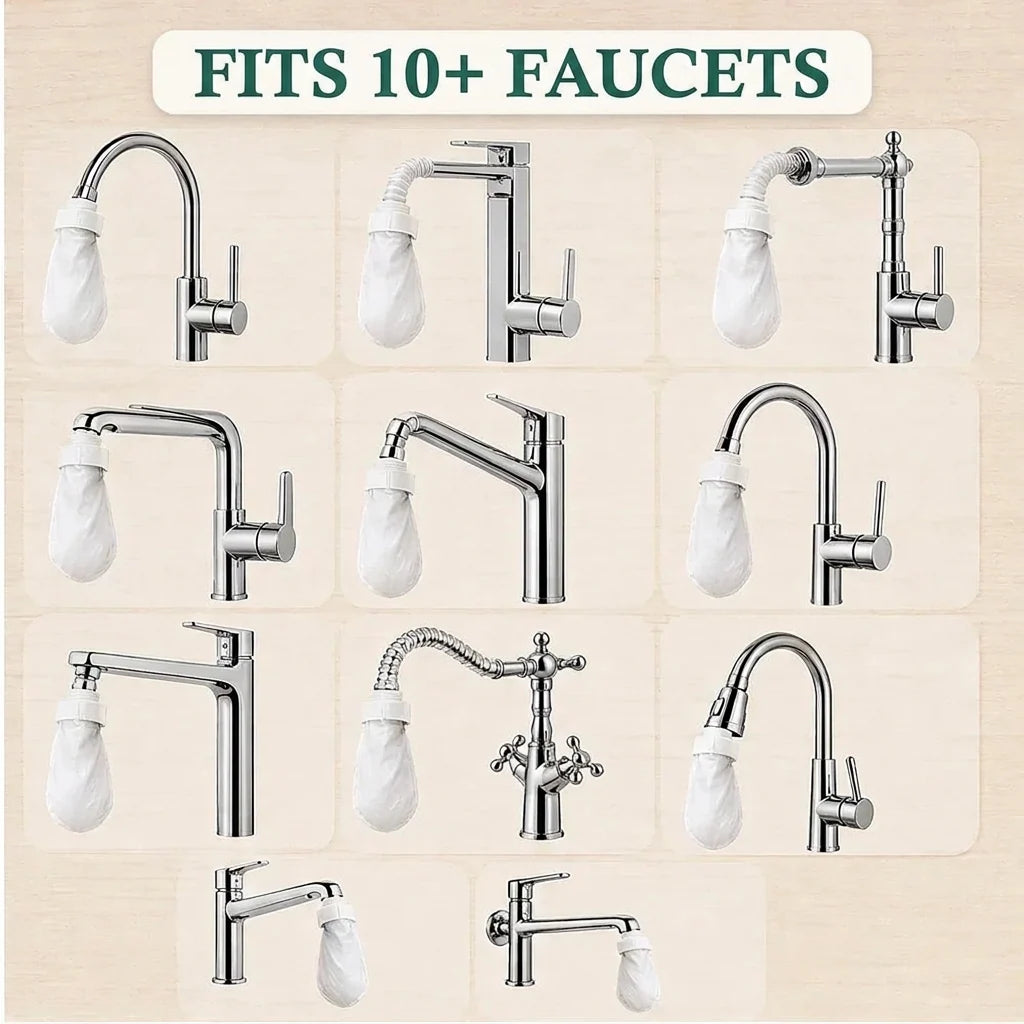 Grid of eleven different chrome taps, each fitted with a white filter cover, showing how widely the covers fit. 6