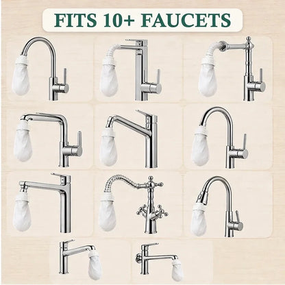 Grid of eleven different chrome taps, each fitted with a white filter cover, showing how widely the covers fit. 6