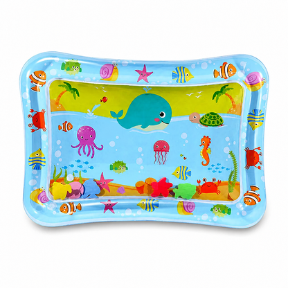 Rectangular light blue water mat from above, printed with a whale, octopus, turtle and fish, with colourful floating shapes along the bottom. 7