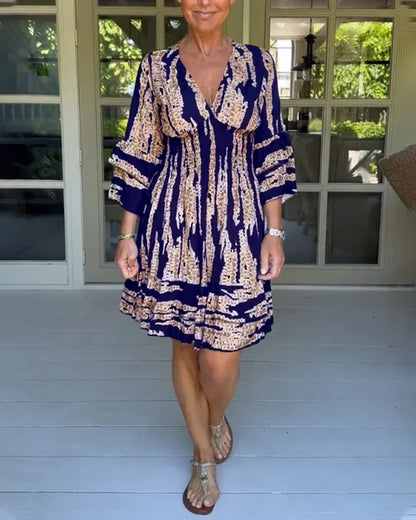 Autumnal & Stylish Ladies' Dress with V-neck and 3/4-length sleeves – Elina