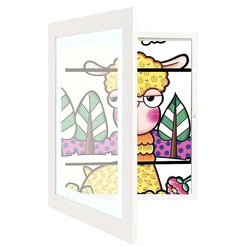 White frame with the hinged front partly open, showing a colourful cartoon llama drawing inside. 4