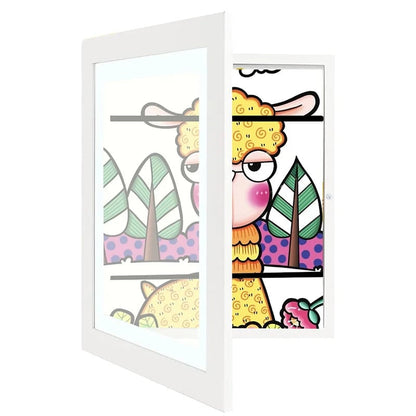 White frame with the hinged front partly open, showing a colourful cartoon llama drawing inside. 4