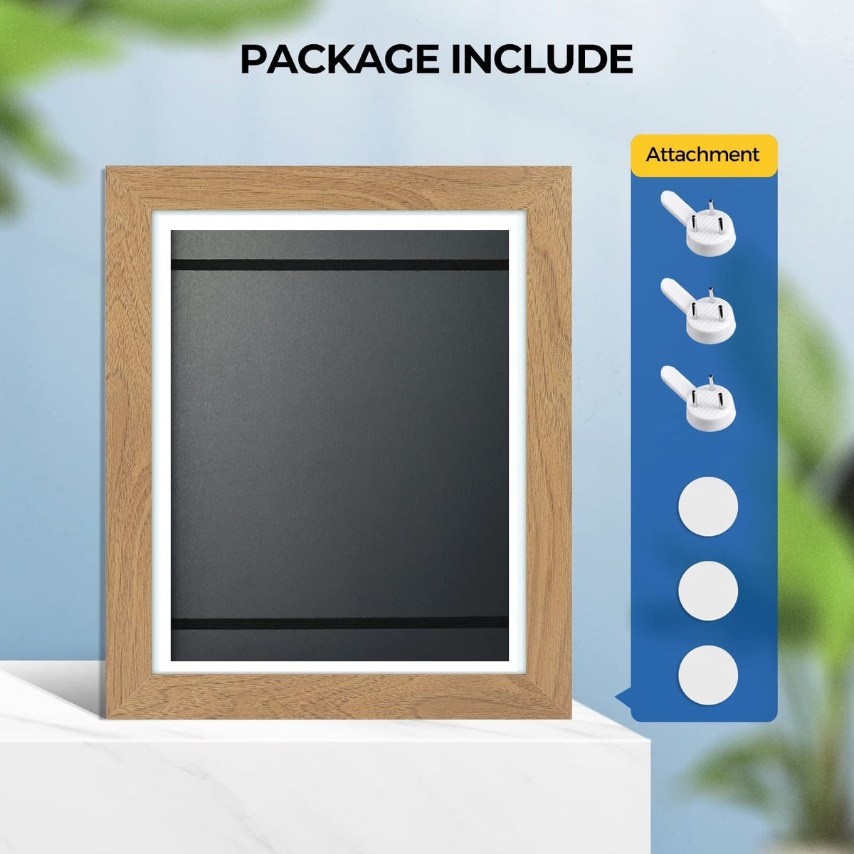 Oak-effect frame with a dark inner panel and two elastic bands, shown beside the wall hooks and adhesive discs included. 19