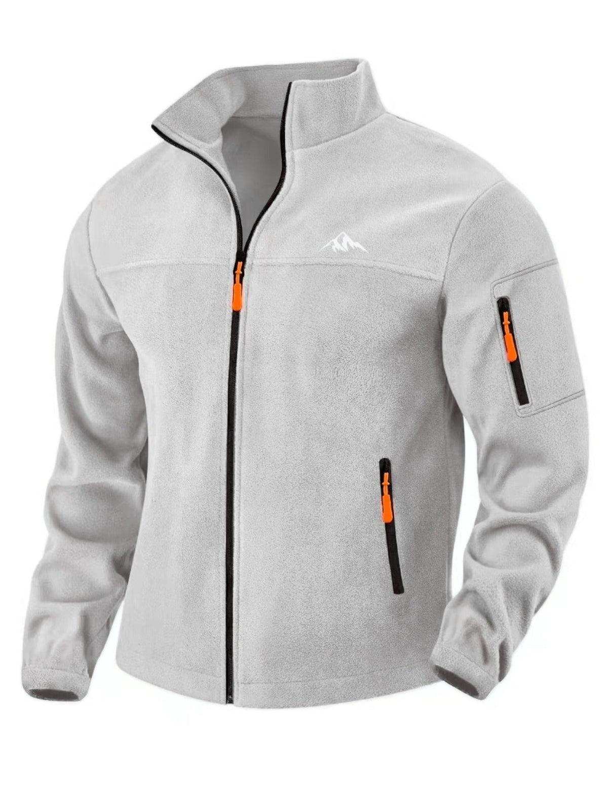 Front view of the light grey fleece jacket with stand collar, full zip, orange zip pulls and a zipped sleeve pocket. 3