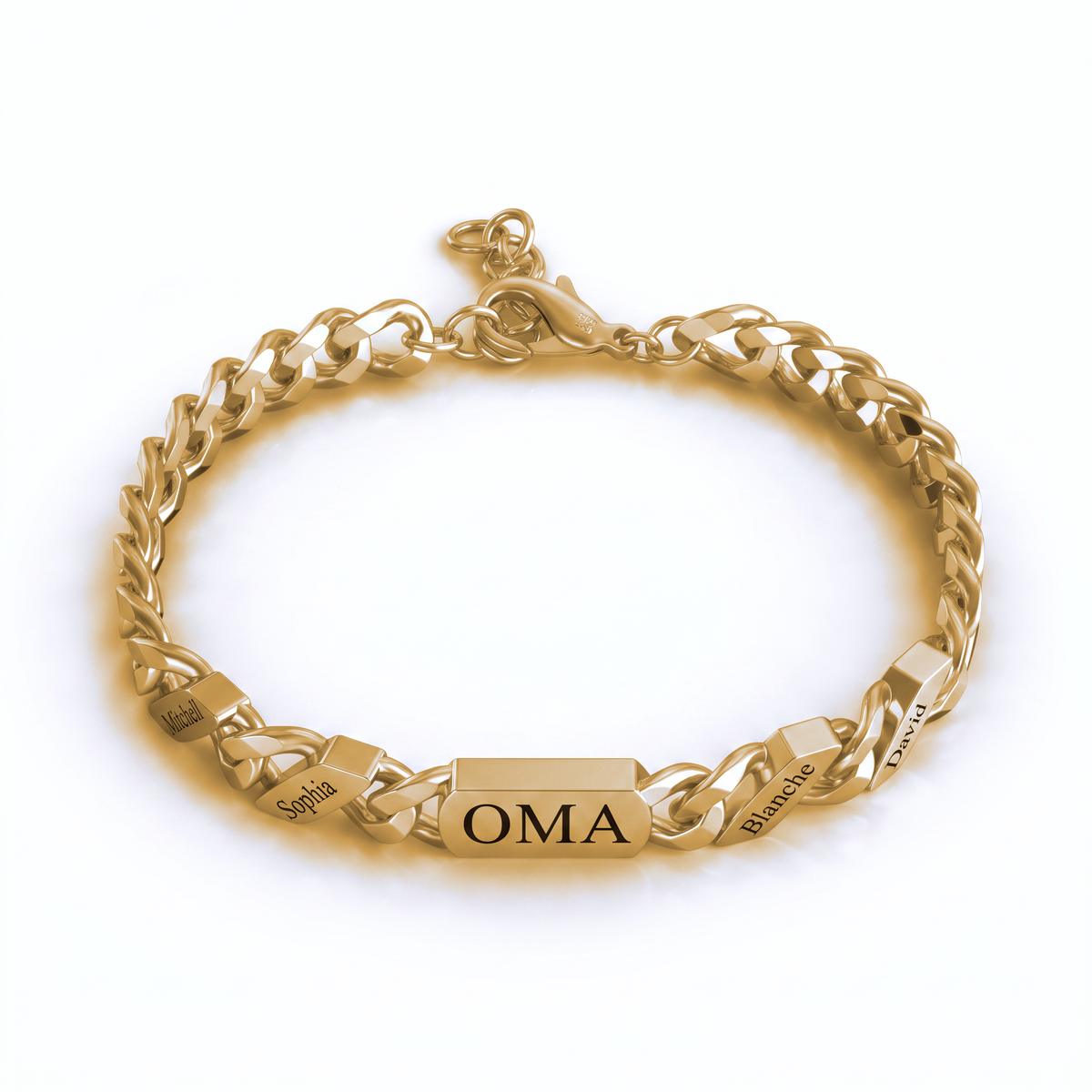 Gold-tone version of the curb chain bracelet with a central engraved bar and four engraved name links, on white. 2