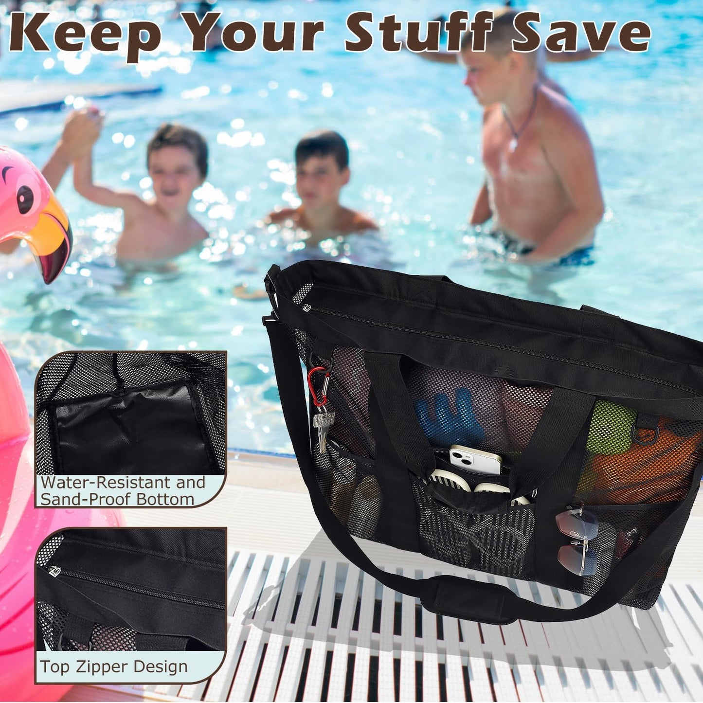 Buy 1, Get 1 FREE – Extra-Large Clear Mesh Beach Bag with 8 Pockets – ClearWave