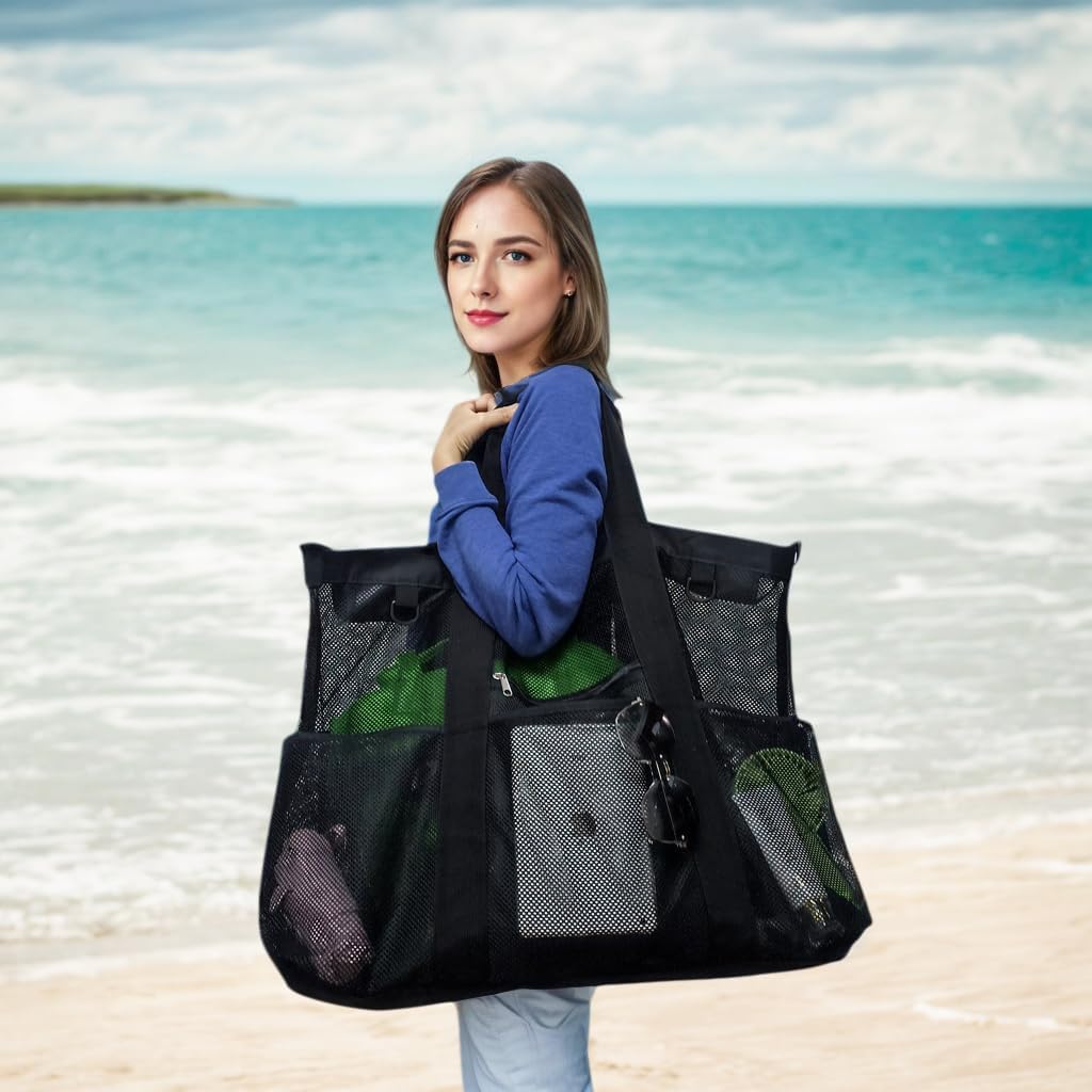 Buy 1, Get 1 FREE – Extra-Large Clear Mesh Beach Bag with 8 Pockets – ClearWave