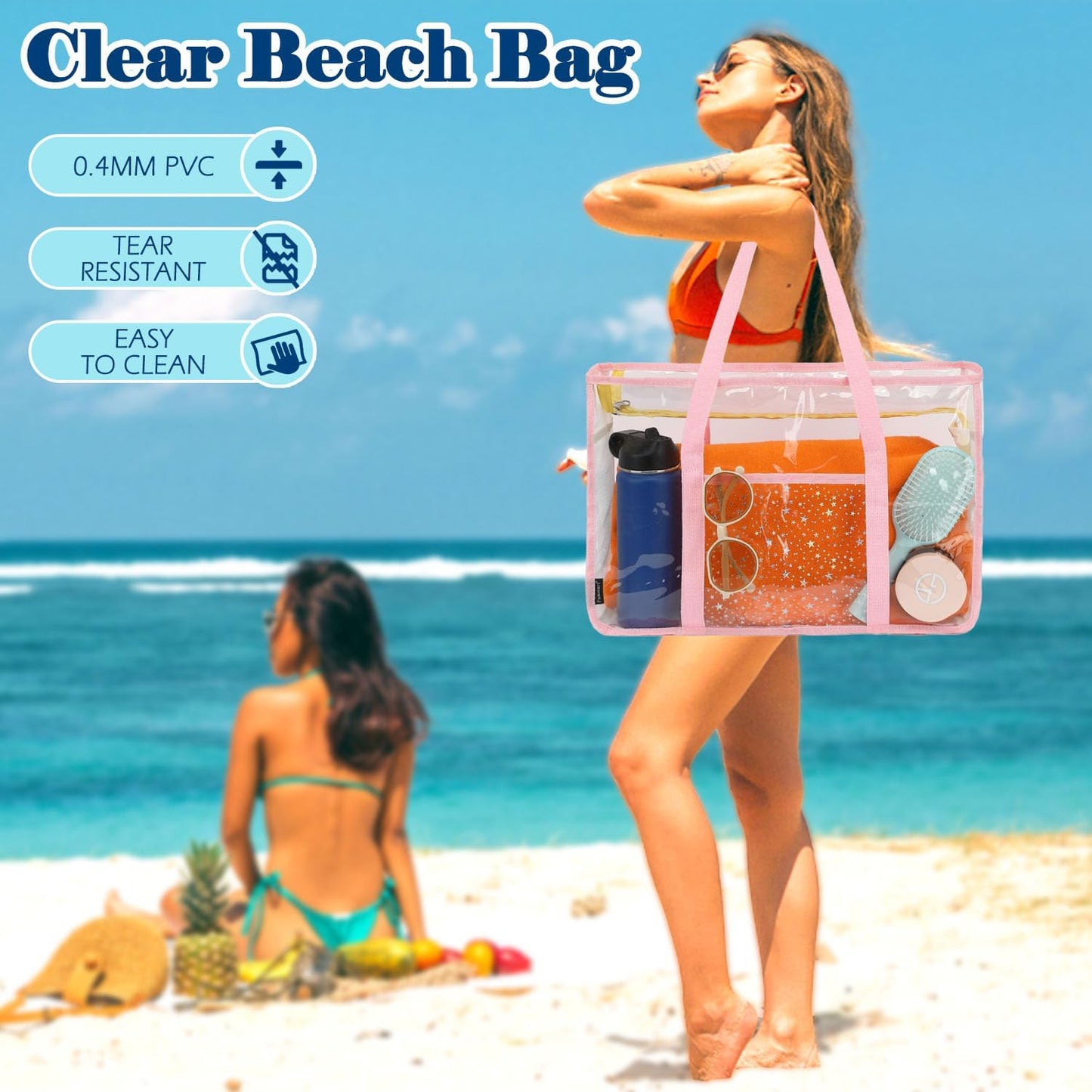 Buy 1, Get 1 FREE – Extra-Large Clear Mesh Beach Bag with 8 Pockets – ClearWave