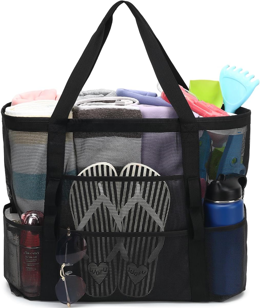 Buy 1, Get 1 FREE – Extra-Large Clear Mesh Beach Bag with 8 Pockets – ClearWave