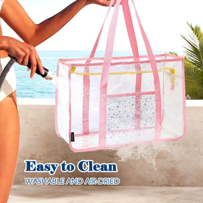Buy 1, Get 1 FREE – Extra-Large Clear Mesh Beach Bag with 8 Pockets – ClearWave