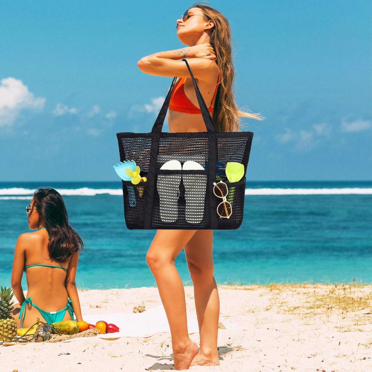 Buy 1, Get 1 FREE – Extra-Large Clear Mesh Beach Bag with 8 Pockets – ClearWave