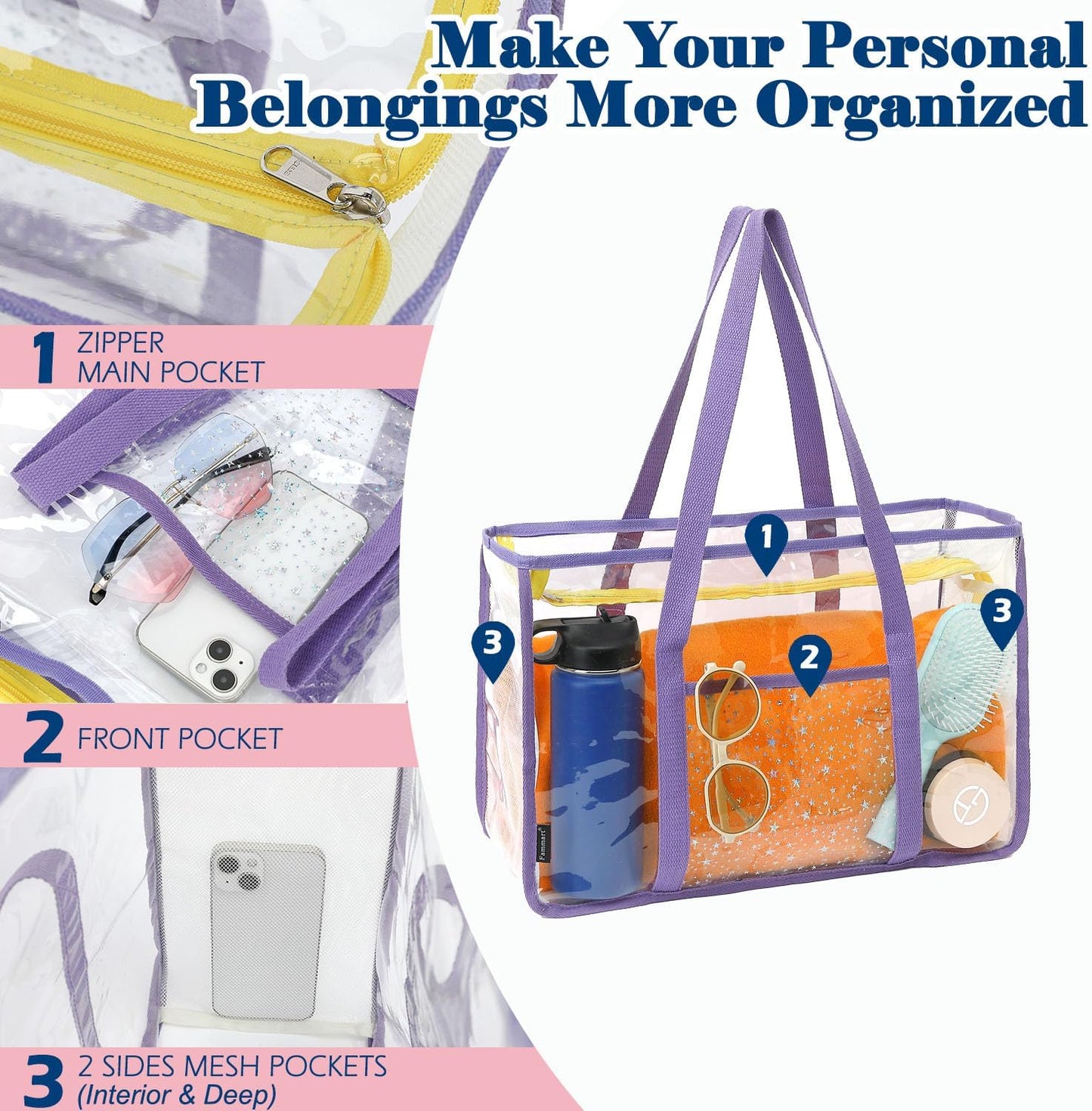 Buy 1, Get 1 FREE – Extra-Large Clear Mesh Beach Bag with 8 Pockets – ClearWave